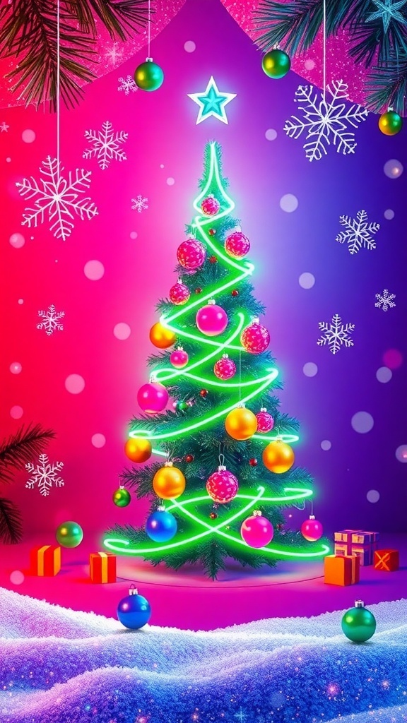 A neon Christmas background with a glowing tree, ornaments, and snowflakes in bright colors.